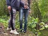 MILF in leggings helps a stranger pee by the lake