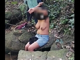 Janaki Risky public outdoors shower in natural waterfall